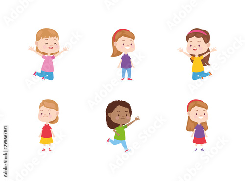 cartoon happy little girls icon set, flat design