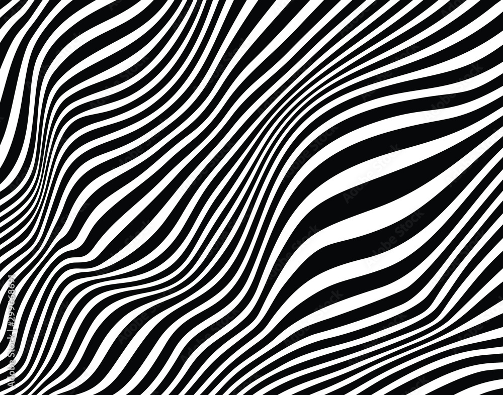 Naklejka Digital image with a psychedelic stripes Wave design black and white. Optical art background. Texture with wavy, curves lines. Vector illustration