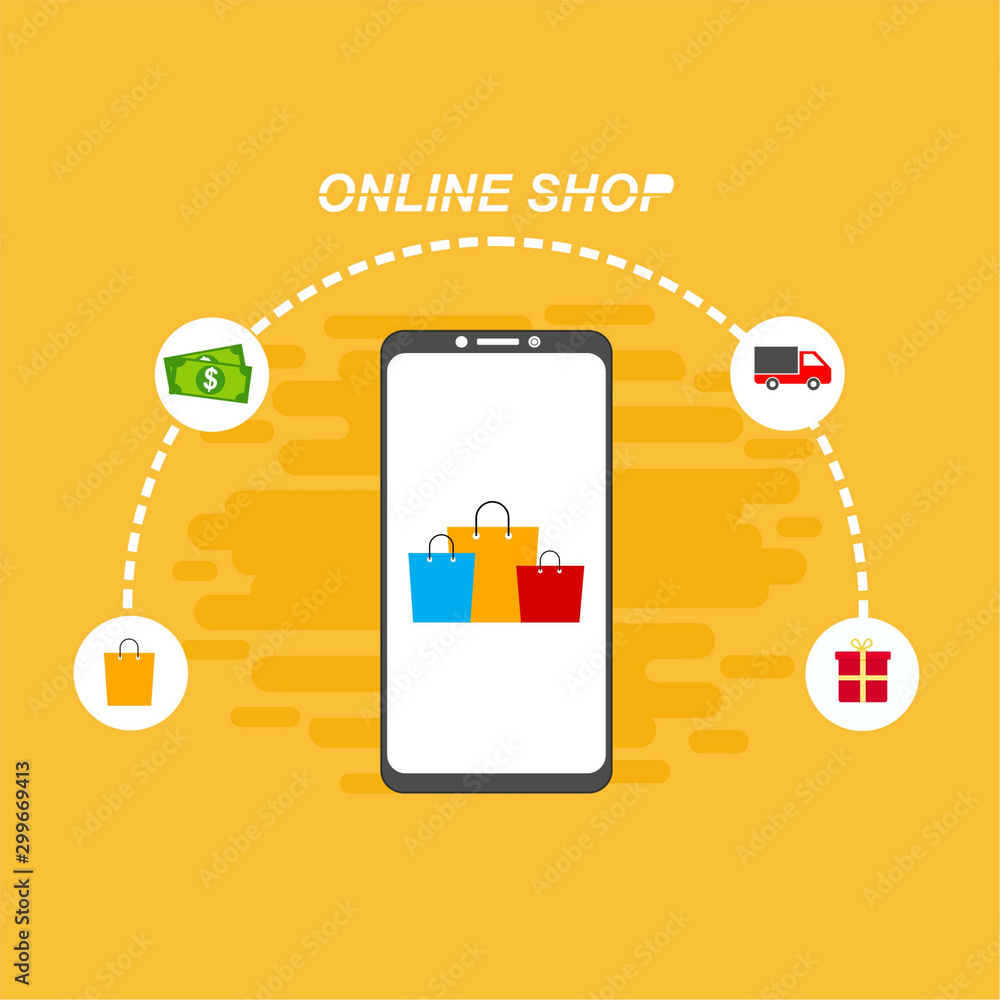 Online shopping. Flat design people and technology concept. Vector illustration for web banner, business presentation, advertising material. Online shopping. Flat design people and technology concept. Vector illustration for web banner, business presentation, advertising material.