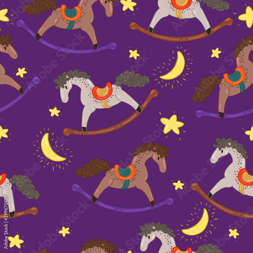 Seamless pattern with rocking horses and stars. Vector graphics.