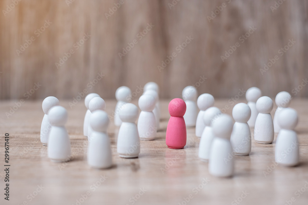 pink leader wooden from crowd of employees. People, Business, Human resource management, Recruitment, Teamwork, strategy and leadership Concepts pink leader wooden from crowd of employees. People, Business, Human resource management, Recruitment, Teamwork, strategy and leadership Concepts