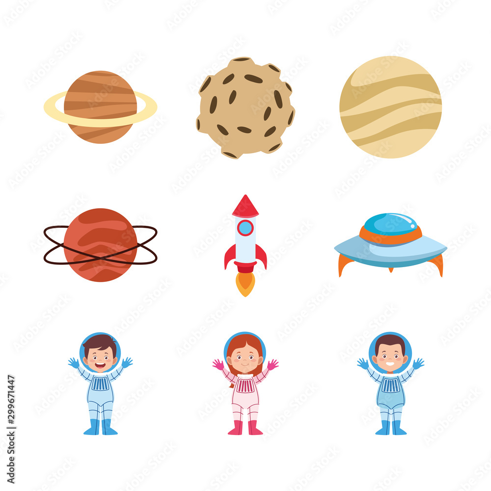 icon set of cartoon astronauts and planets, colorful design