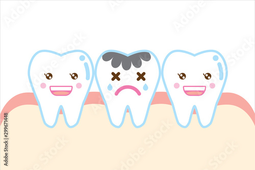 虫歯のかわいい歯のイラスト cute cartoon decayed tooth illustration