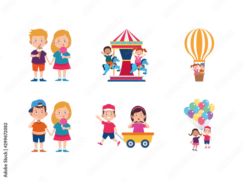 happy kids and carousel related icons, flat design