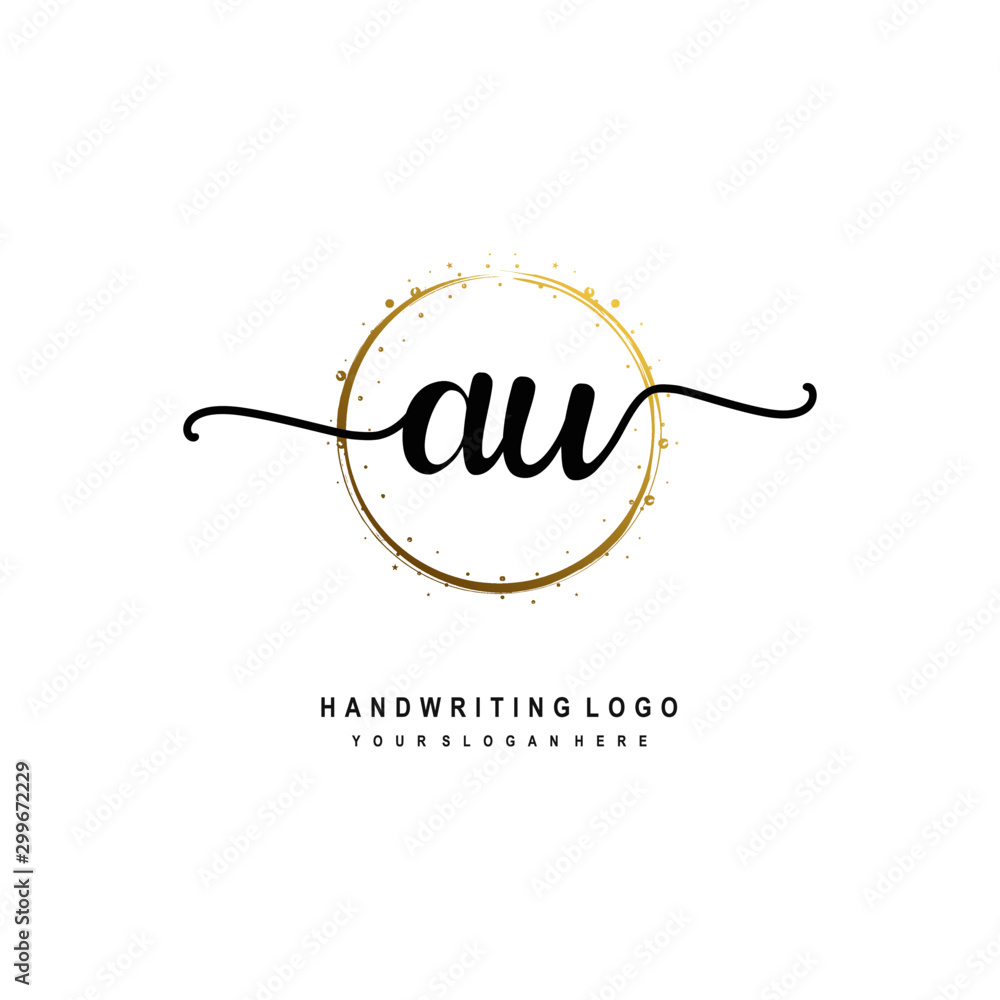 Initials letter AU vector handwriting logo template. with a circle brush and splash of gold paint Initials letter AU vector handwriting logo template. with a circle brush and splash of gold paint