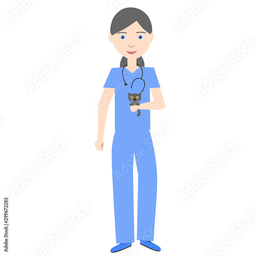 Vet. Woman in uniform with a kitten in her arms. Vector illustration. © ksenica