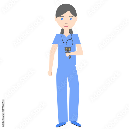 Vet. Woman in uniform with a kitten in her arms. Vector illustration.