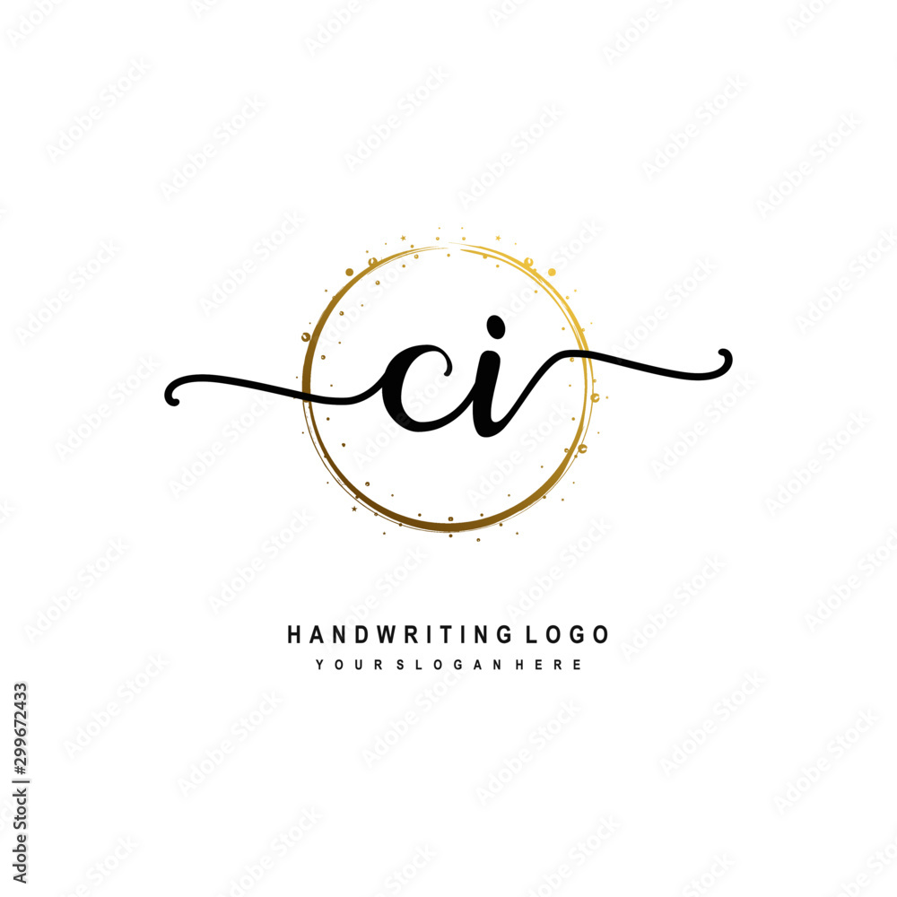 Obraz premium Initials letter CI vector handwriting logo template. with a circle brush and splash of gold paint