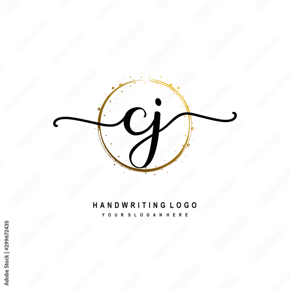Initials letter CJ vector handwriting logo template. with a circle brush and splash of gold paint Initials letter CJ vector handwriting logo template. with a circle brush and splash of gold paint