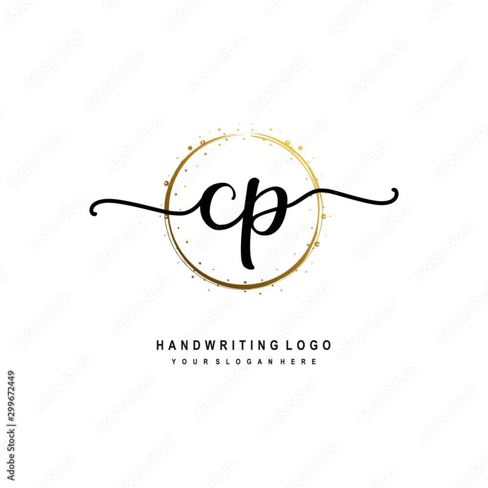 Initials letter CP vector handwriting logo template. with a circle brush and splash of gold paint Initials letter CP vector handwriting logo template. with a circle brush and splash of gold paint