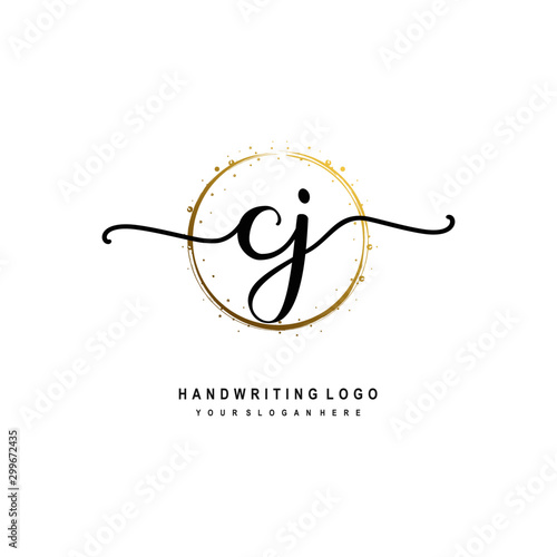 Initials letter CJ vector handwriting logo template. with a circle brush and splash of gold paint