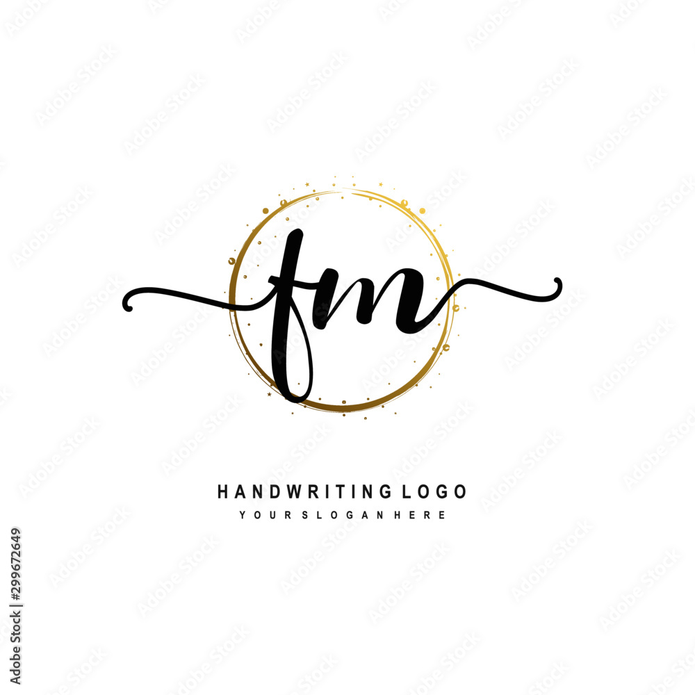 Initials letter FM vector handwriting logo template. with a circle brush and splash of gold paint Initials letter FM vector handwriting logo template. with a circle brush and splash of gold paint