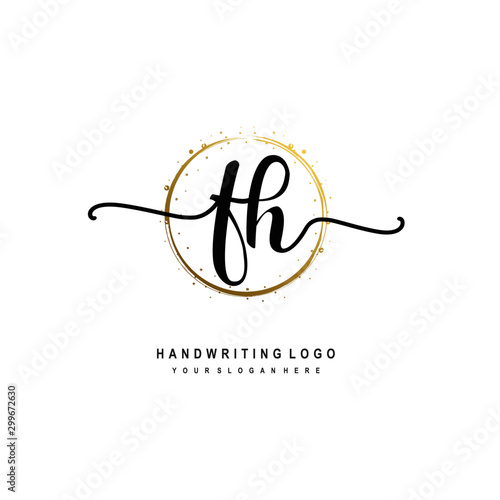 Initials letter FH vector handwriting logo template. with a circle brush and splash of gold paint