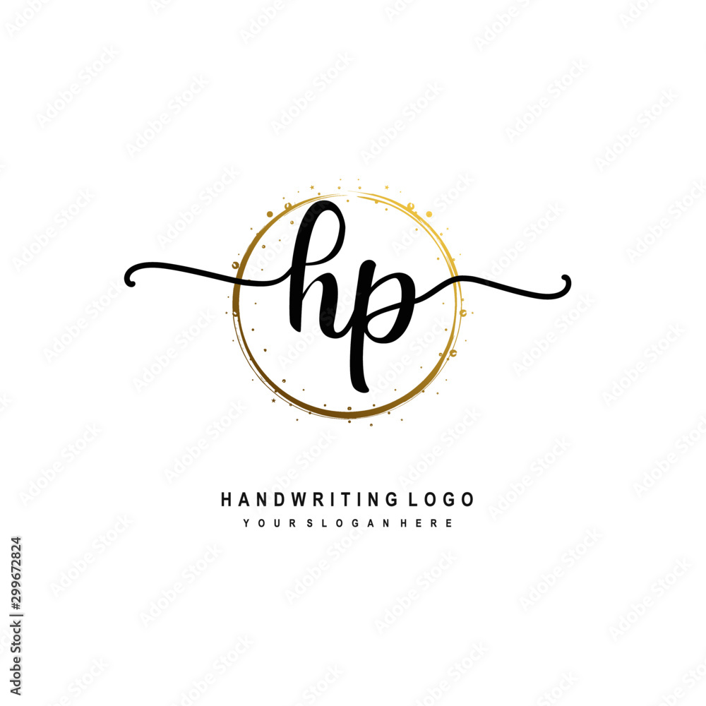 Initials letter HP vector handwriting logo template. with a circle brush and splash of gold paint Initials letter HP vector handwriting logo template. with a circle brush and splash of gold paint