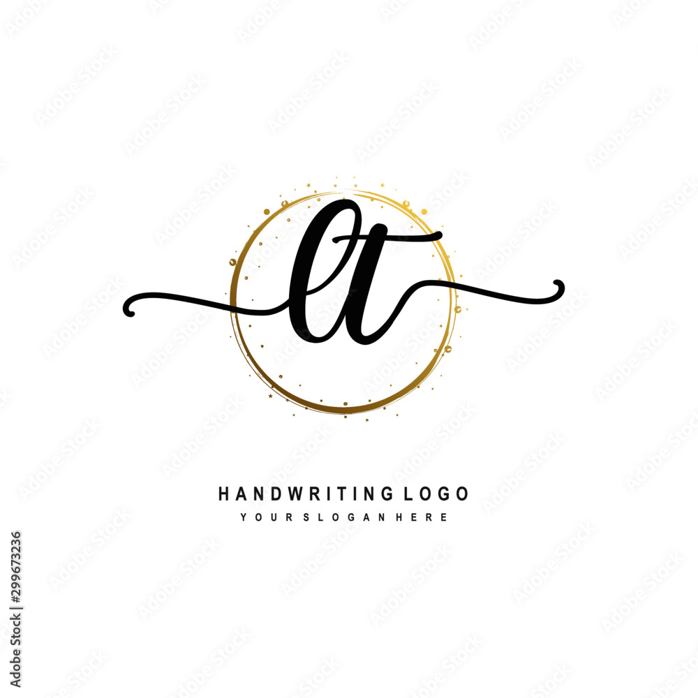 Initials letter LT vector handwriting logo template. with a circle brush and splash of gold paint Initials letter LT vector handwriting logo template. with a circle brush and splash of gold paint