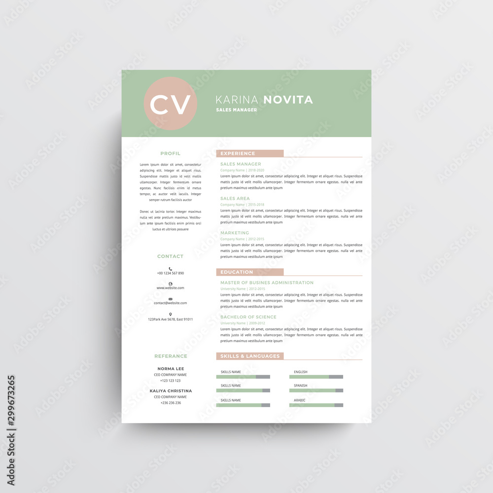 Professional CV resume template design and letterhead , cover letter, green and pink   - vector