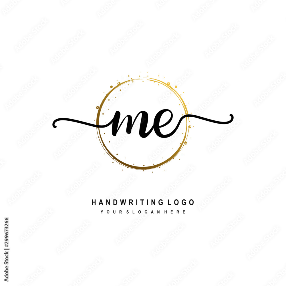 Initials letter ME vector handwriting logo template. with a circle brush and splash of gold paint Initials letter ME vector handwriting logo template. with a circle brush and splash of gold paint