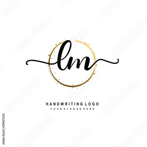 Initials letter LM vector handwriting logo template. with a circle brush and splash of gold paint
