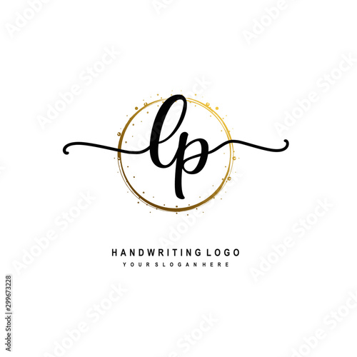 Initials letter LP vector handwriting logo template. with a circle brush and splash of gold paint