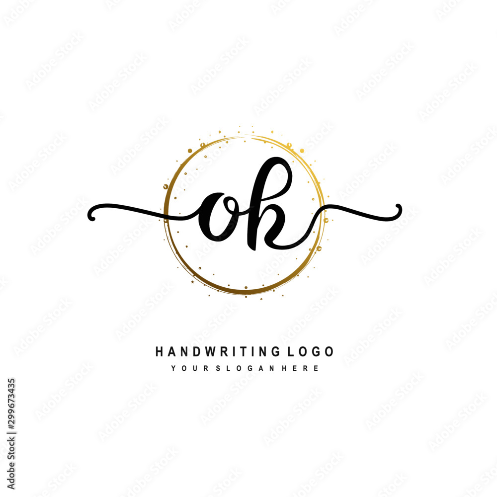 Initials letter OK vector handwriting logo template. with a circle brush and splash of gold paint Initials letter OK vector handwriting logo template. with a circle brush and splash of gold paint