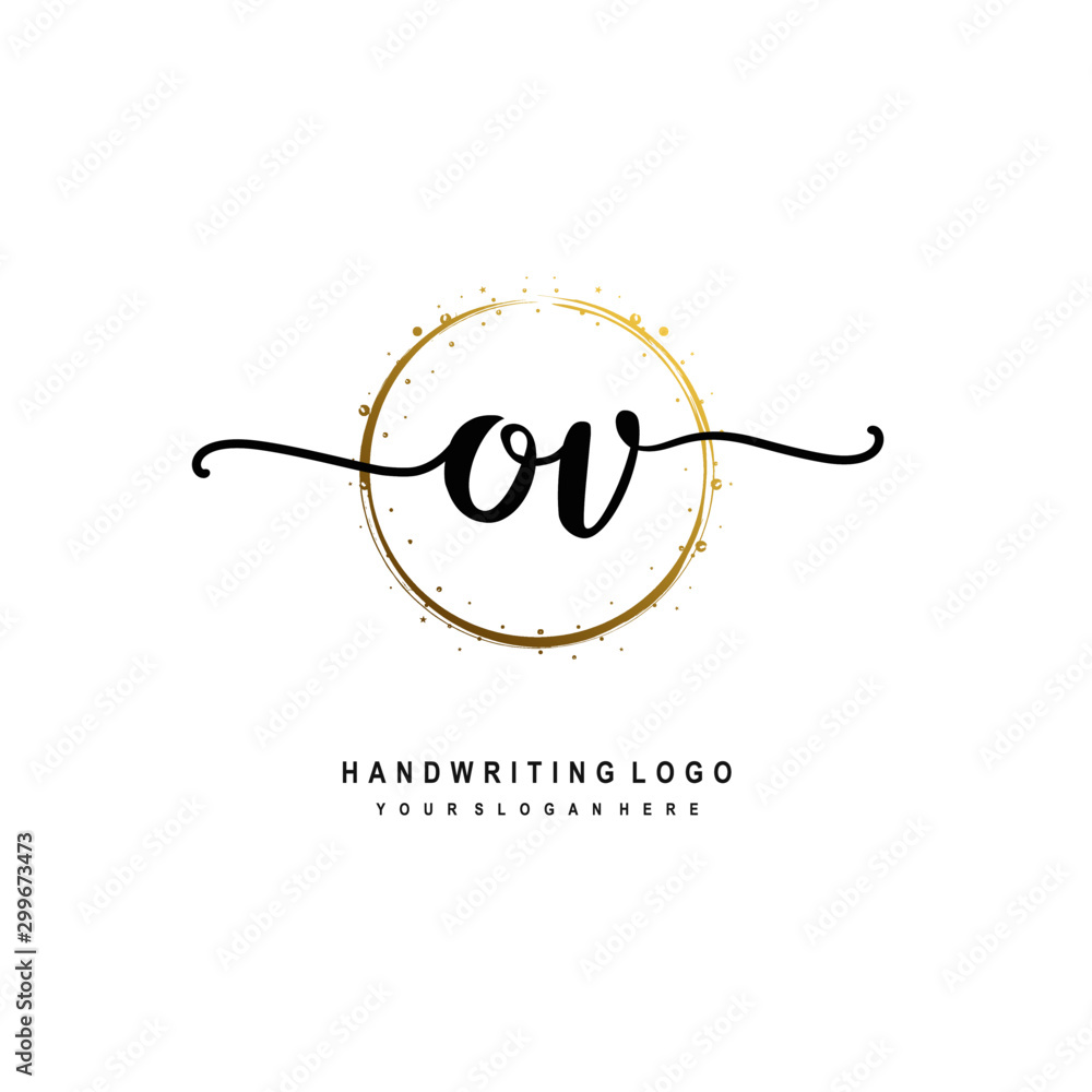 Initials letter OV vector handwriting logo template. with a circle brush and splash of gold paint Initials letter OV vector handwriting logo template. with a circle brush and splash of gold paint