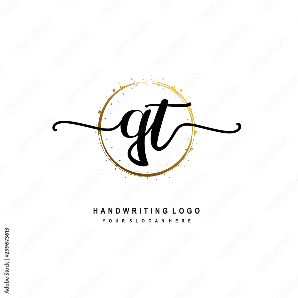 Initials letter QT vector handwriting logo template. with a circle brush and splash of gold paint Initials letter QT vector handwriting logo template. with a circle brush and splash of gold paint