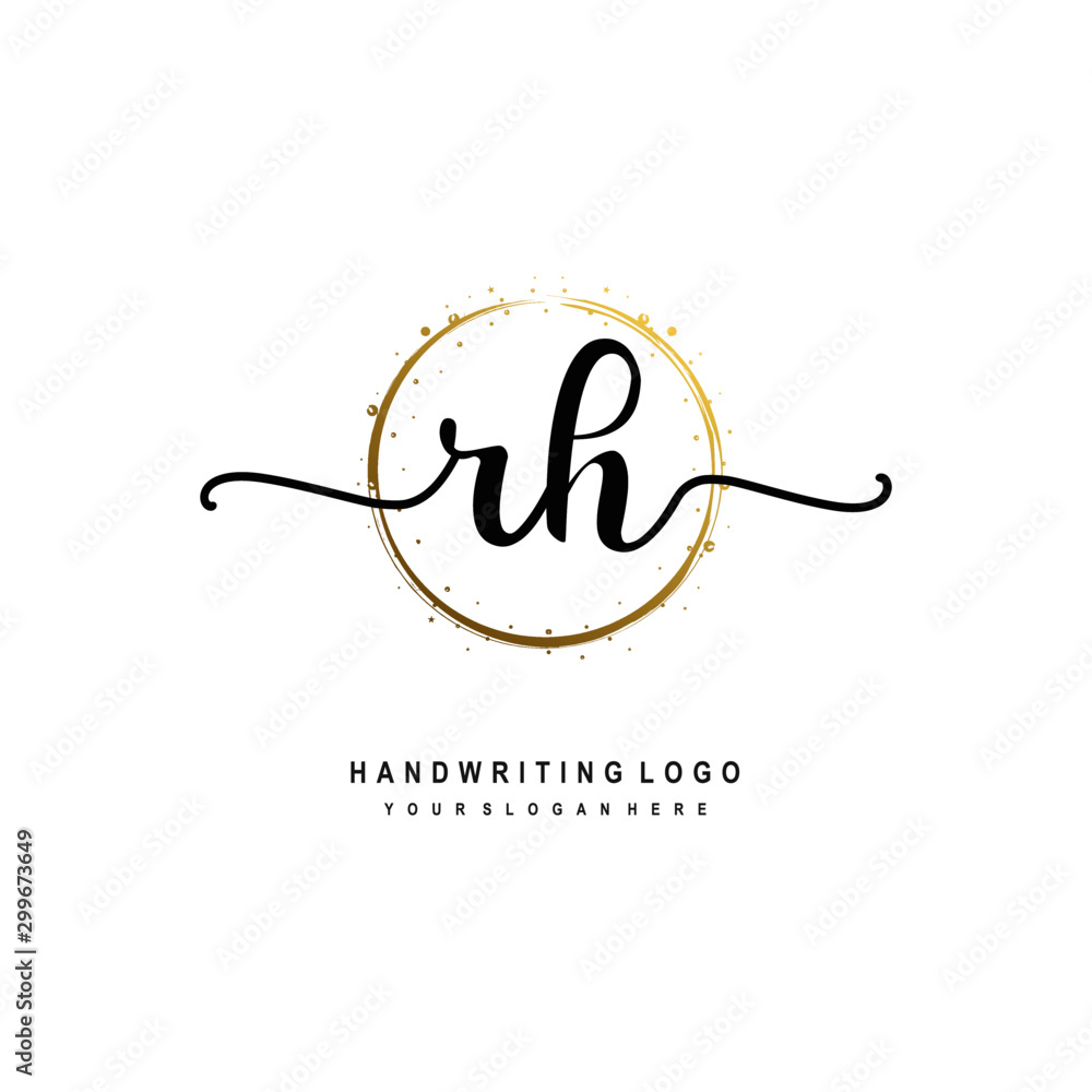 Initials letter RH vector handwriting logo template. with a circle brush and splash of gold paint Initials letter RH vector handwriting logo template. with a circle brush and splash of gold paint