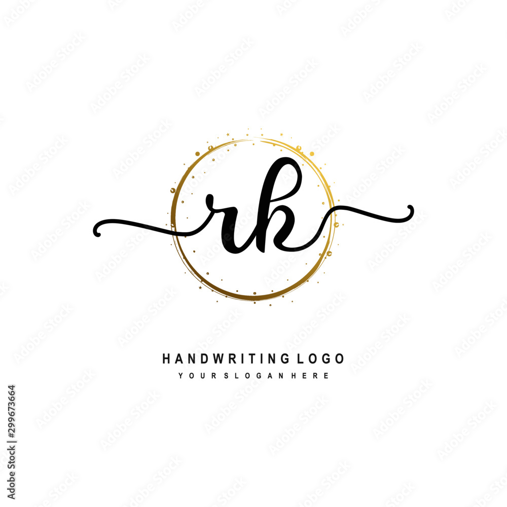Initials letter RK vector handwriting logo template. with a circle brush and splash of gold paint Initials letter RK vector handwriting logo template. with a circle brush and splash of gold paint