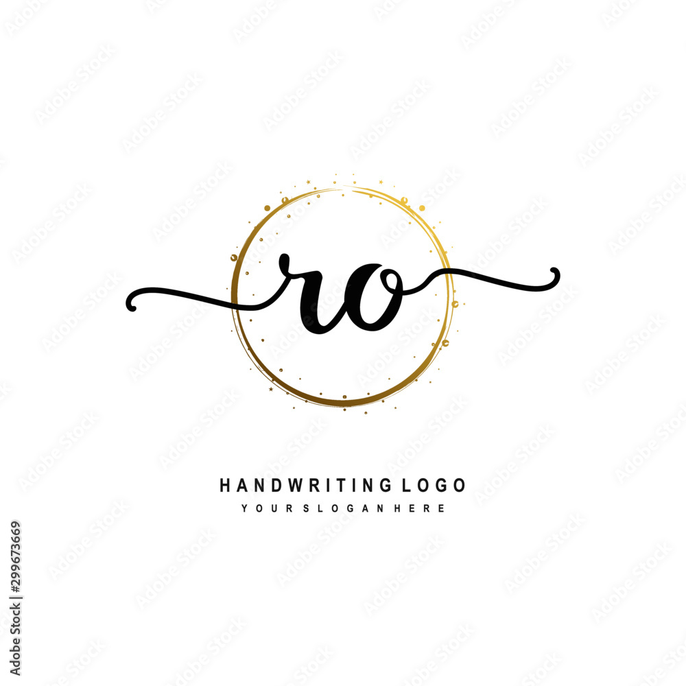 Initials letter RO vector handwriting logo template. with a circle brush and splash of gold paint Initials letter RO vector handwriting logo template. with a circle brush and splash of gold paint