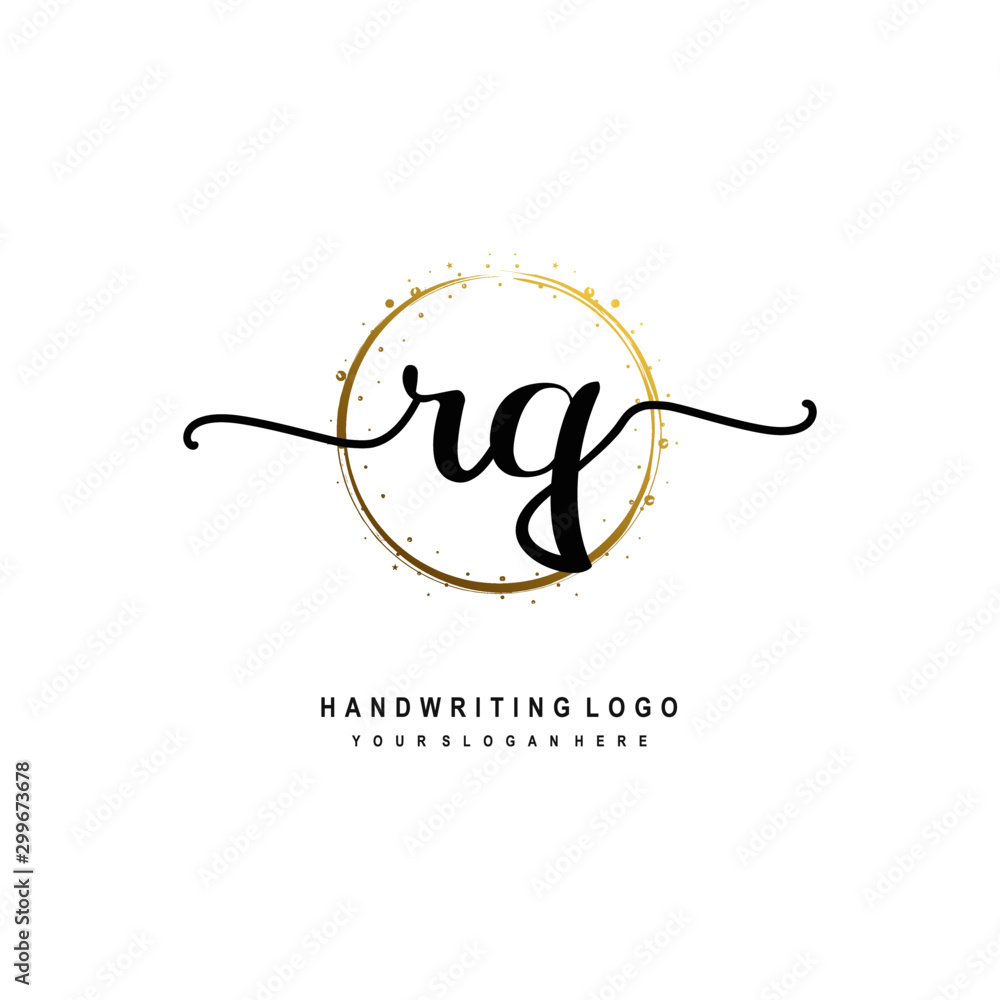 Obraz premium Initials letter RQ vector handwriting logo template. with a circle brush and splash of gold paint