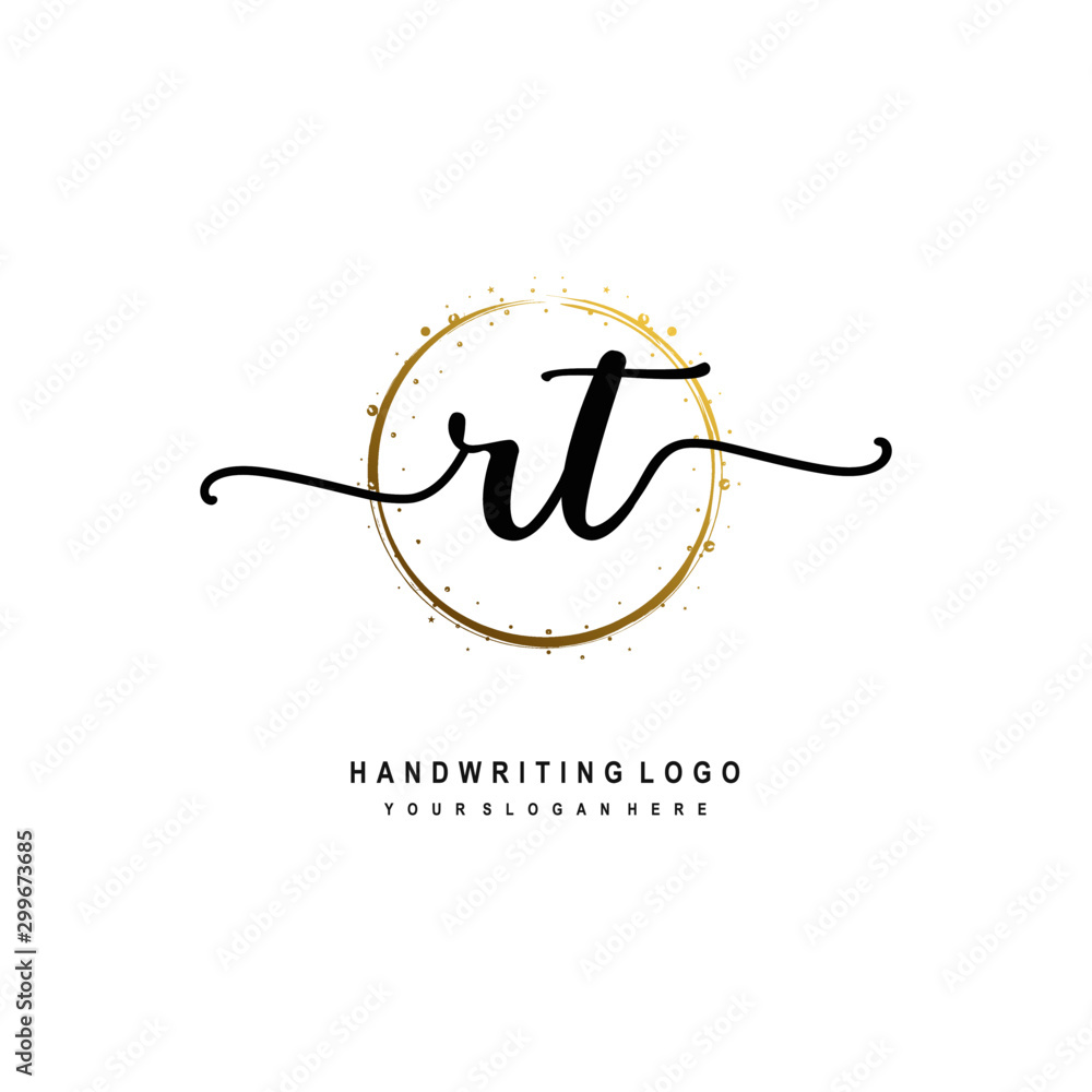 Initials letter RT vector handwriting logo template. with a circle brush and splash of gold paint Initials letter RT vector handwriting logo template. with a circle brush and splash of gold paint