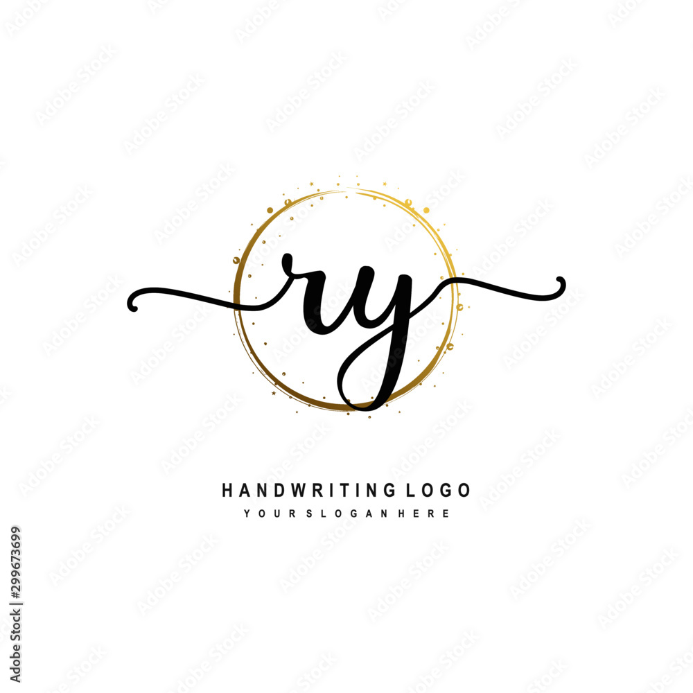 Initials letter RY vector handwriting logo template. with a circle brush and splash of gold paint Initials letter RY vector handwriting logo template. with a circle brush and splash of gold paint