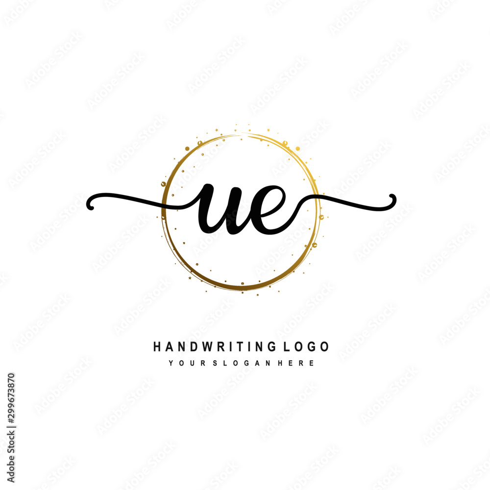 Initials letter UE vector handwriting logo template. with a circle brush and splash of gold paint Initials letter UE vector handwriting logo template. with a circle brush and splash of gold paint