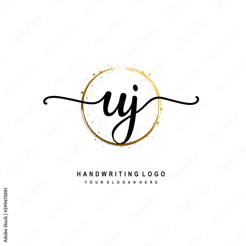 Initials letter UJ vector handwriting logo template. with a circle brush and splash of gold paint Initials letter UJ vector handwriting logo template. with a circle brush and splash of gold paint