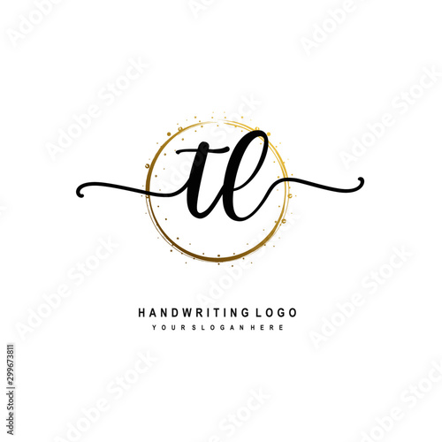 Initials letter TL vector handwriting logo template. with a circle brush and splash of gold paint