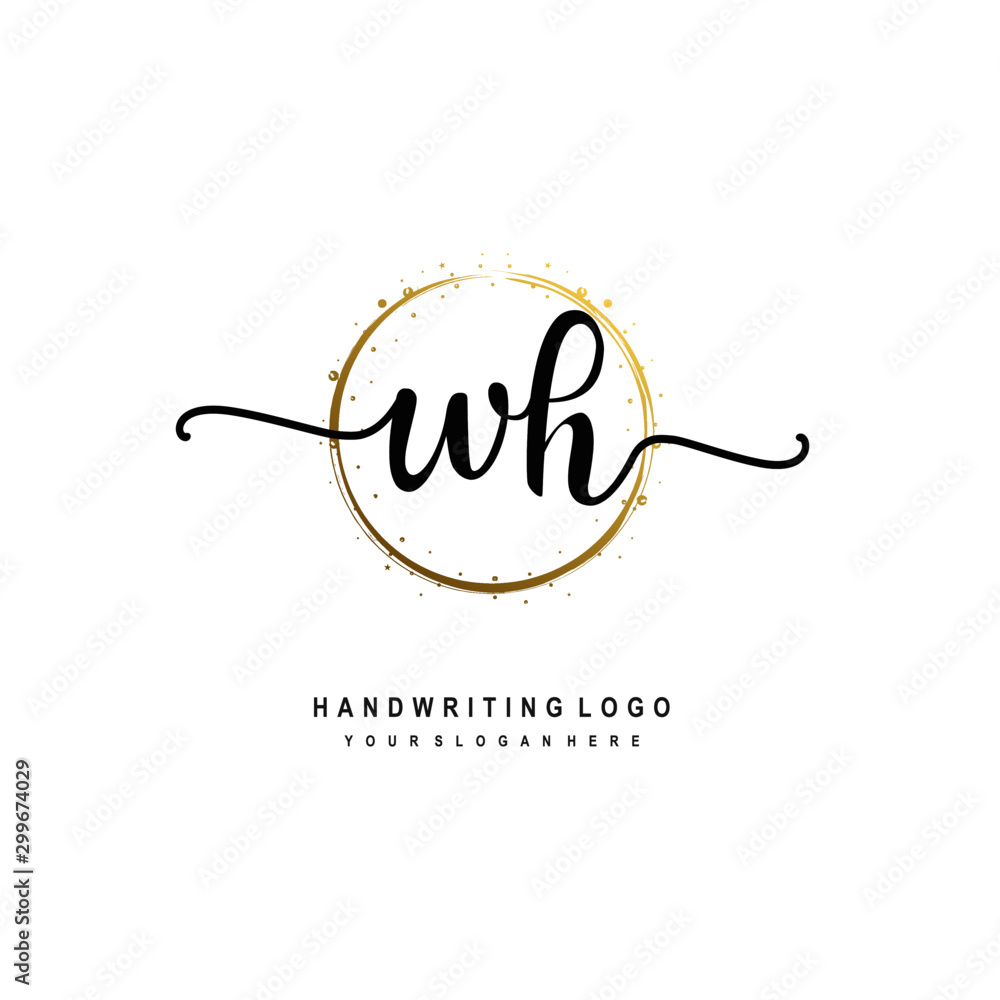 Initials letter WH vector handwriting logo template. with a circle brush and splash of gold paint Initials letter WH vector handwriting logo template. with a circle brush and splash of gold paint