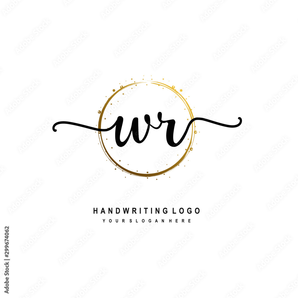 Initials letter WR vector handwriting logo template. with a circle brush and splash of gold paint Initials letter WR vector handwriting logo template. with a circle brush and splash of gold paint