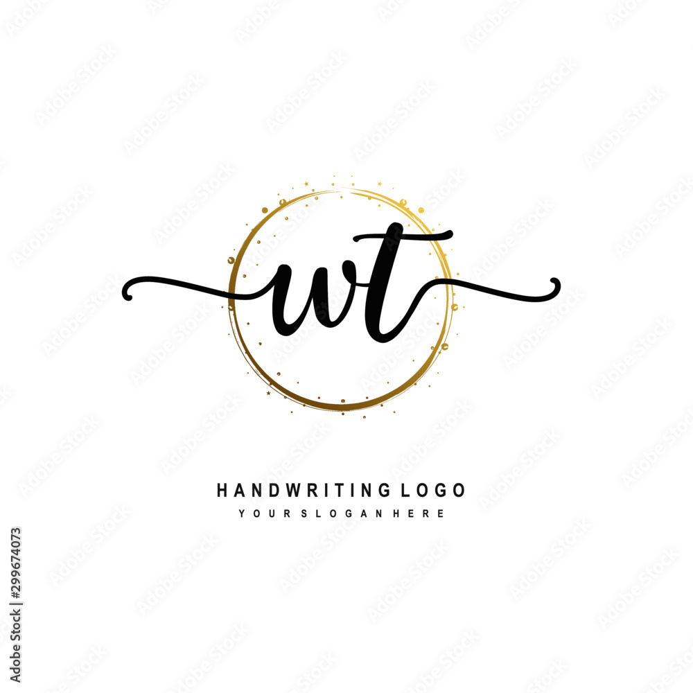 Initials letter WT vector handwriting logo template. with a circle brush and splash of gold paint Initials letter WT vector handwriting logo template. with a circle brush and splash of gold paint