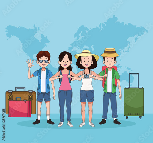 group of tourist people with world maps and suitcases