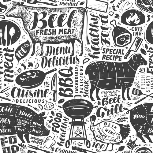 Food seamless background. Butcher shop, restaurant concept. Vector illustration