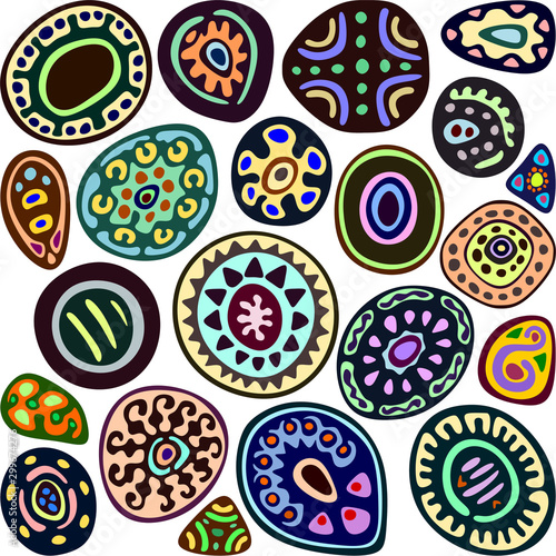 Abstract mandala colorful hi-contrast pattern background isolated on white. Styled as primitive pre-Columbian art objects