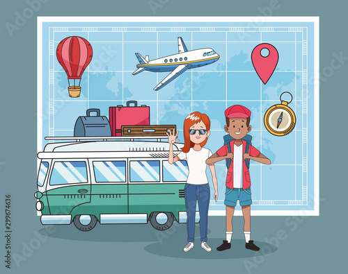 tourist couple with paper map and van