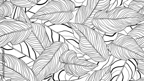 Foliage seamless pattern, long leaves line art ink drawing in black and white