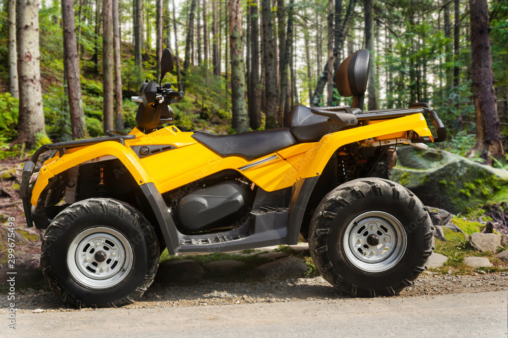 Atv vehicle standing in forest close-up view. Atv vehicle standing in forest close-up view.