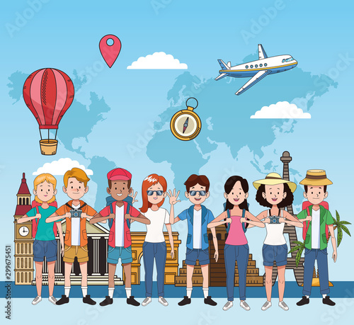group of tourist people with famous places