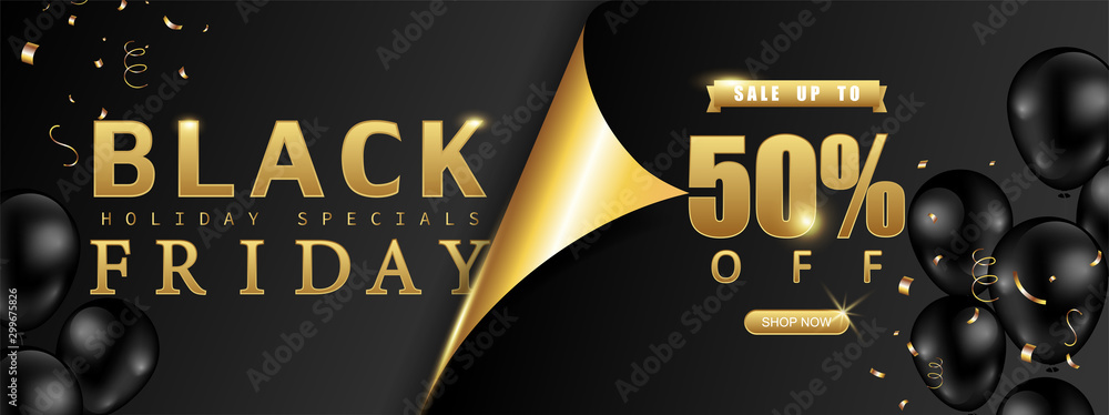 Black Friday Sale promotion,poster or banner with page curl paper concept. Special offer 50% off sale decorated with balloons on black and gold background style. Vector illustration. - obrazy, fototapety, plakaty 