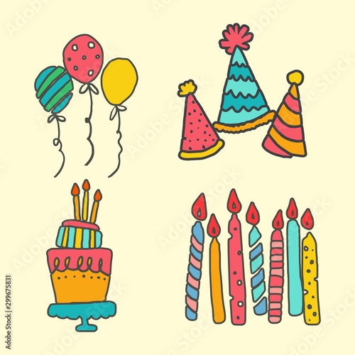 Creative  set of hand drawn doodle cartoon objects and symbols on the birthday party