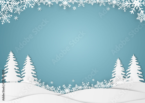Christmas and happy new year blue vector background with snow, celebration concept, paper art design