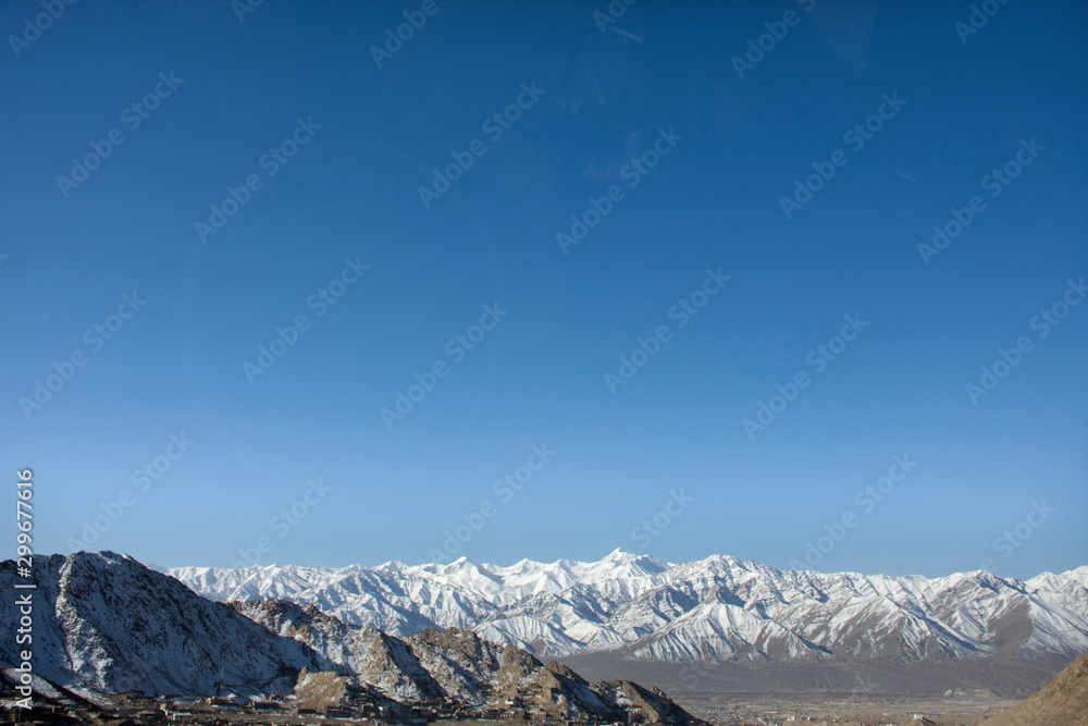 View landscape of Leh Ladakh Village from Khardung La Road in Himalaya  mountain between go Nubra valley and Pangong lake in Jammu and Kashmir, India  Stock Photo