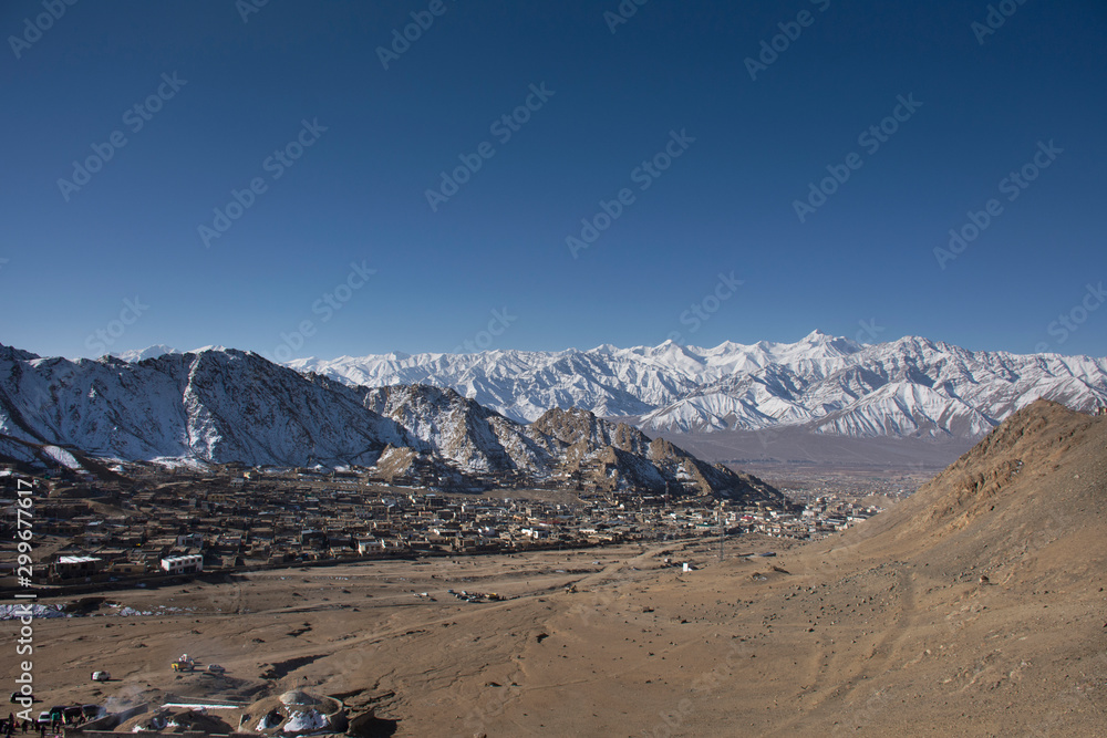 View landscape of Leh Ladakh Village from Khardung La Road in Himalaya mountain between go Nubra valley and Pangong lake in Jammu and Kashmir, India